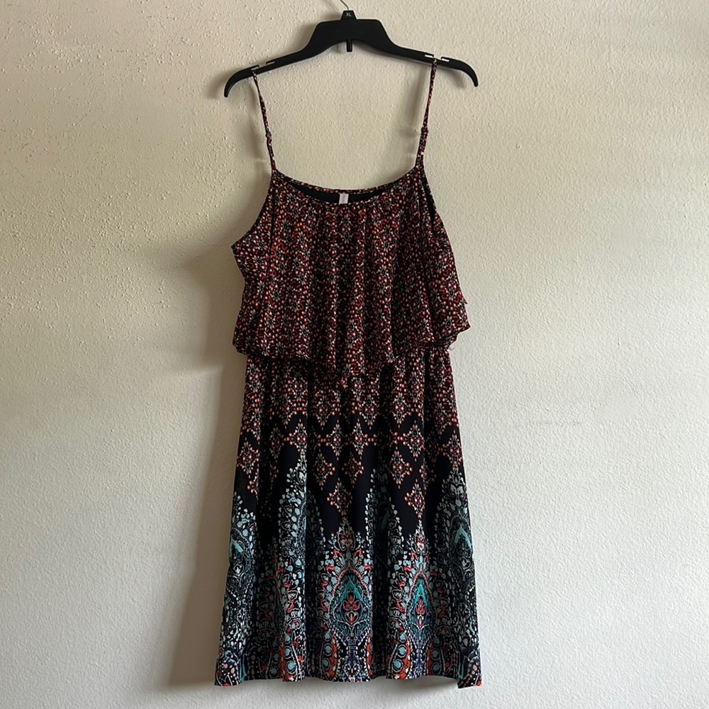 Dress with black, red and blue pattern